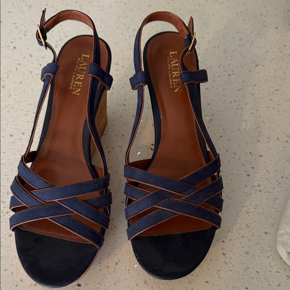 Lauren Ralph Lauren Navy and Brown Wedge Sandals